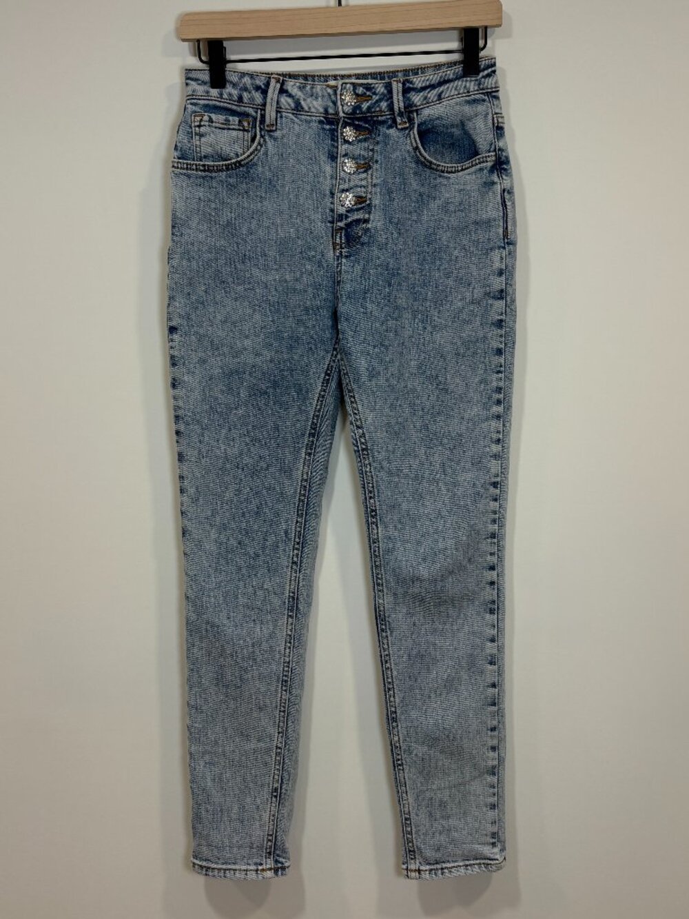 🌟 BA&SH 🌟 LADY RHINESTONE BUTTON HIGH RISE SLIM LEG STRETCH JEANS LIGHT WASH 0